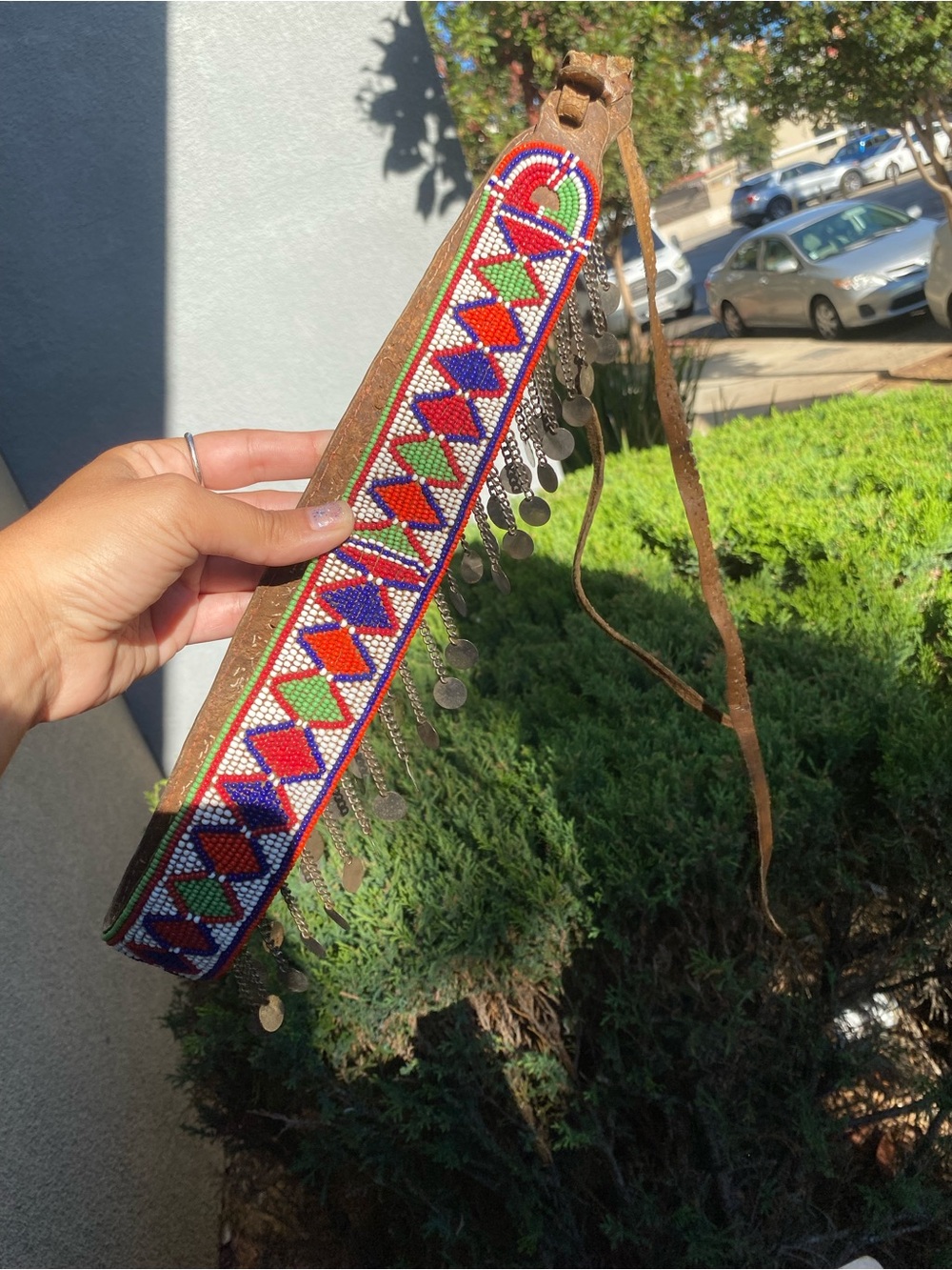 Native American Hand-Beaded Multicolor Leather Coin Fringe Belt Strap